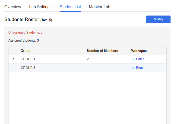 Student list tab on lab page (group lab type)